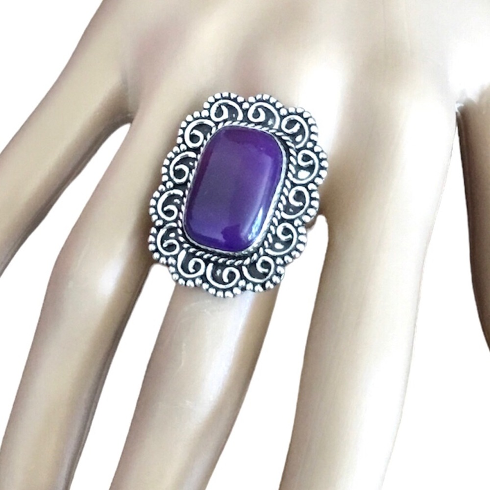 Purple Suglit Gemstone Ring Fancy Scroll Boho